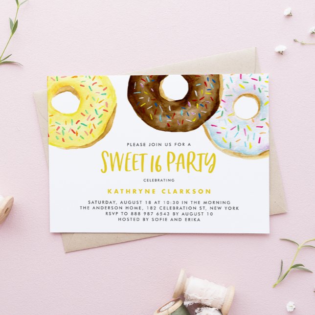 Watercolor Yellow and Chocolate Doughnuts Sweet 16 Invitation (Creator Uploaded)