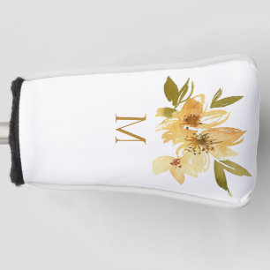 Watercolor Yellow and Copper Floral Monogram Golf Head Cover