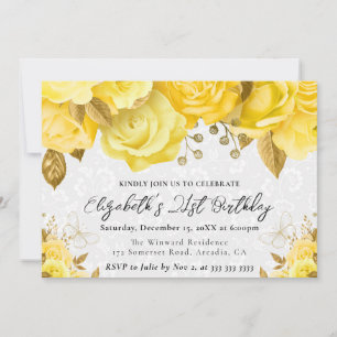 Watercolor Yellow and Gold Flowers 21st Birthday Invitation