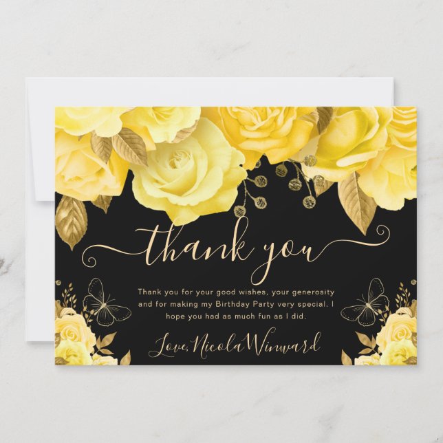 Watercolor Yellow and Gold Flowers Birthday Thank You Card (Front)