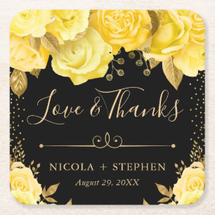 Watercolor Yellow and Gold Glam Flowers Wedding Square Paper Coaster