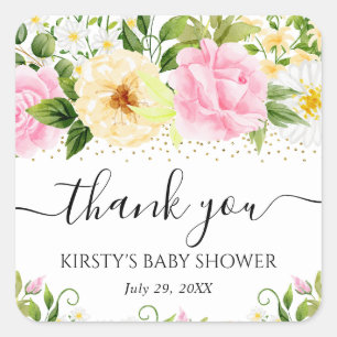 Watercolor Yellow and Pink Flowers Baby Shower Square Sticker