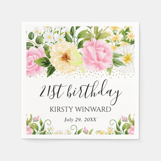 Watercolor Yellow and Pink Flowers Birthday Napkin (Front)