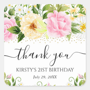 Watercolor Yellow and Pink Flowers Birthday Party Square Sticker