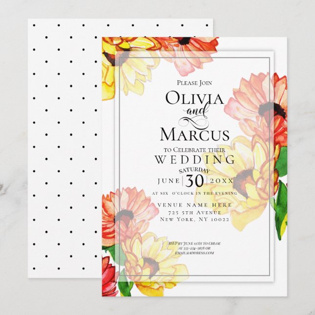 Watercolor Yellow and Red Gerbera Daisies Invitation (Front/Back)