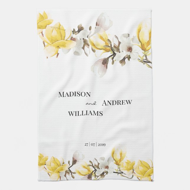 Watercolor Yellow and White Magnolia Blossom Tea Towel (Vertical)