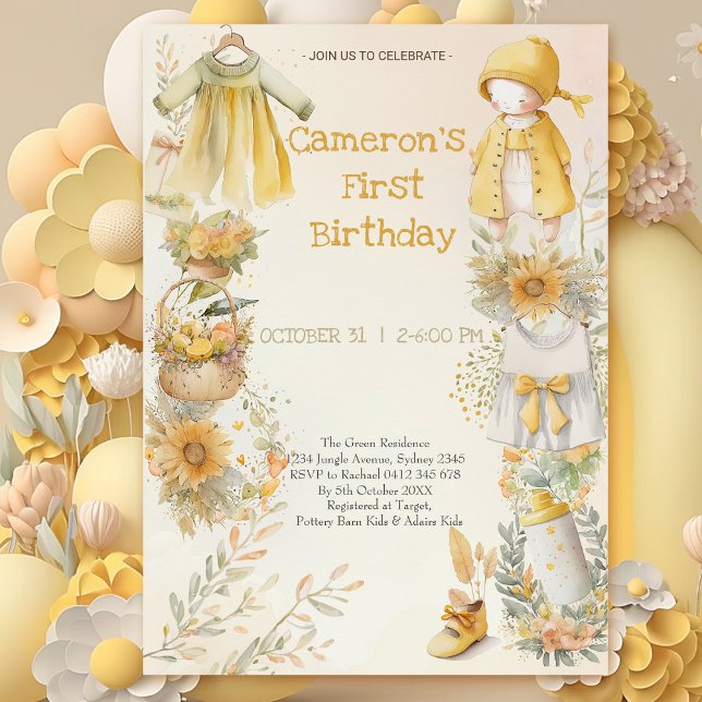 Watercolor yellow baby supplies First Birthday Invitation (Creator Uploaded)