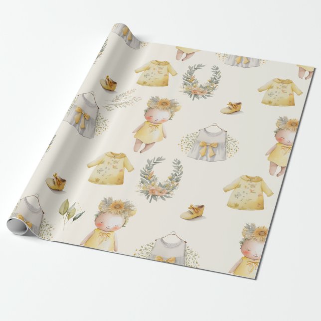 Watercolor yellow baby supplies wrapping paper (Unrolled)