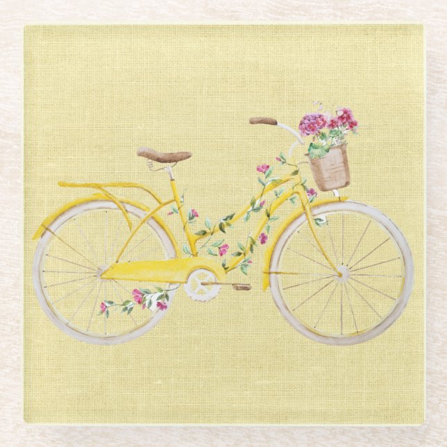 Watercolor Yellow Bike Glass Coaster (Front)