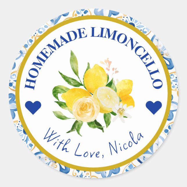 Watercolor Yellow & Blue Homemade Limoncello Classic Round Sticker (Front)