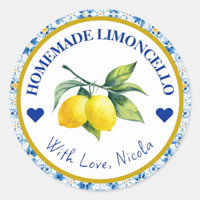 Watercolor Yellow & Blue Homemade Limoncello Classic Round Sticker (Front)