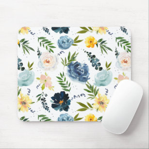 Watercolor Yellow Blue Roses Seamless Pattern Mouse Mat