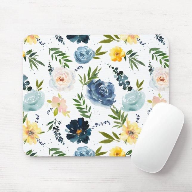 Watercolor Yellow Blue Roses Seamless Pattern Mouse Mat (With Mouse)