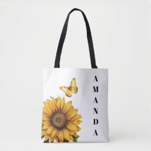Watercolor Yellow Butterfly Side Name Sunflower Tote Bag