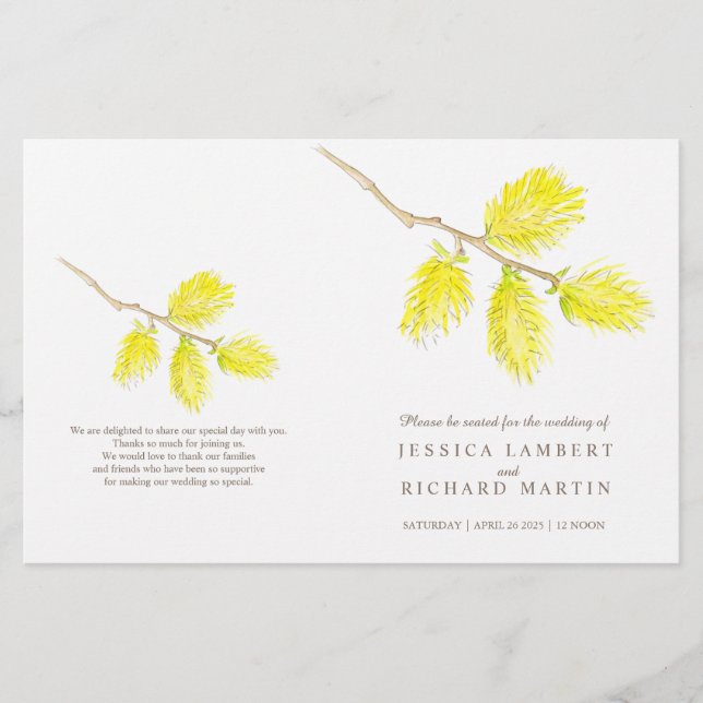 Watercolor yellow catkins wedding programme (Front)