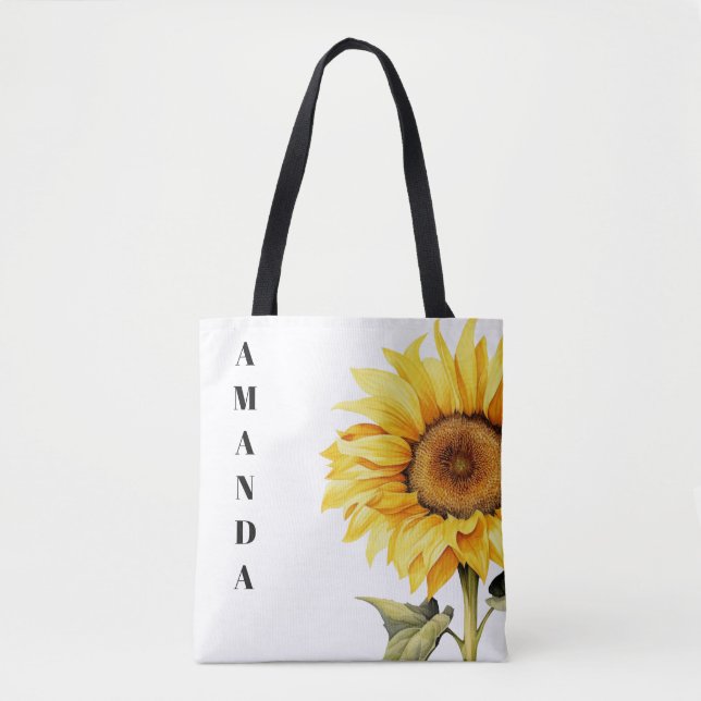 Watercolor Yellow Chic Custom Name Sunflower Tote Bag (Front)