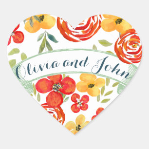 Watercolor Yellow Coral Green Floral Wedding Seal