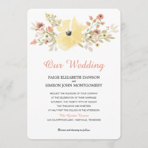 Watercolor Yellow Coral Spring Blossoms   Wedding Invitation