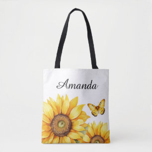 Watercolor Yellow Custom Script Name Sunflower Tote Bag