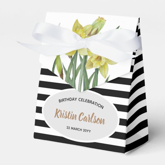 Watercolor Yellow Daffodils Black White Stripes Favour Box (Front Side)