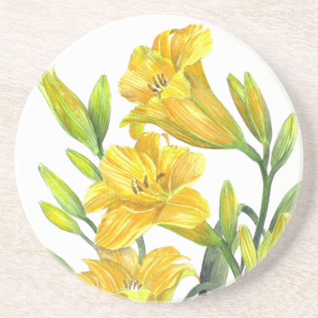 Watercolor Yellow Day Lilies Floral Art Coaster (Front)