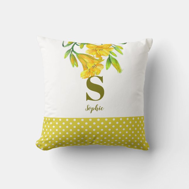Watercolor Yellow Day Lilies Floral Art Monogram Cushion (Front)
