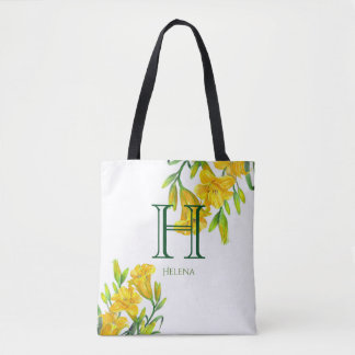 Watercolor Yellow Day Lilies Floral Monogram Tote Bag
