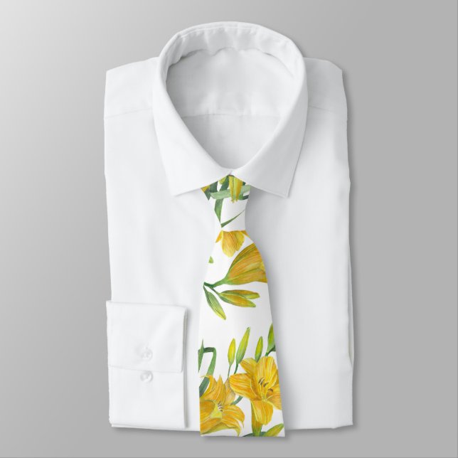 Watercolor Yellow Day Lilies Flower Painting Tie (Tied)
