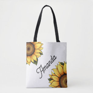 Watercolor Yellow Diagonal Name Two Sunflowers Tote Bag