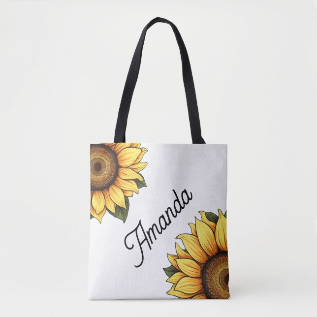 Watercolor Yellow Diagonal Name Two Sunflowers Tote Bag (Front)