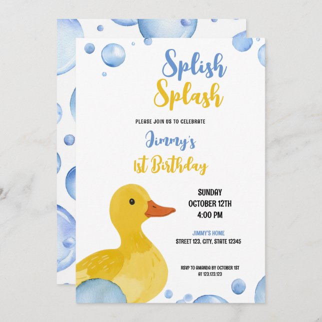 Watercolor Yellow Duck Baby Boy Birthday Invitation (Front/Back)