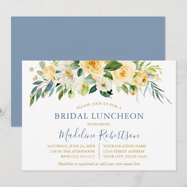 Watercolor Yellow Floral Blue Gold Bridal Lunch Invitation (Front/Back)