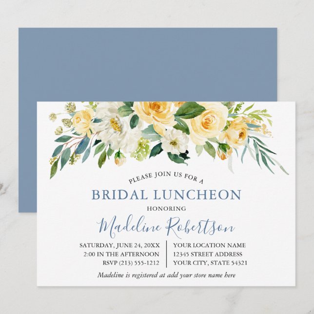 Watercolor Yellow Floral Dusty Blue Bridal Lunch Invitation (Front/Back)