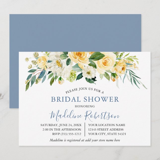 Watercolor Yellow Floral Dusty Blue Bridal Shower Invitation (Front/Back)