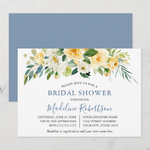 Watercolor Yellow Floral Dusty Blue Bridal Shower Invitation
