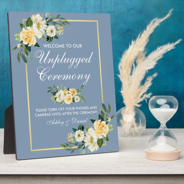 Watercolor Yellow Floral Dusty Blue Unplugged Plaque (Side)