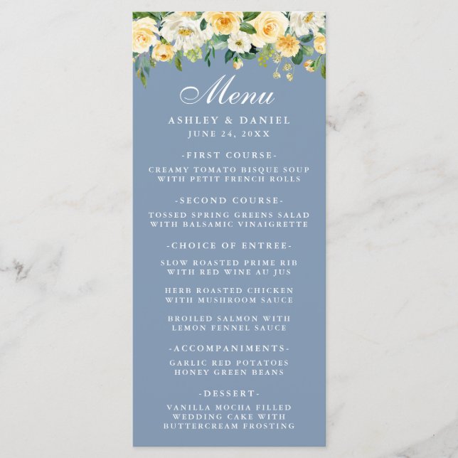 Watercolor Yellow Floral Dusty Blue Wedding Menu (Front)