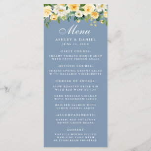 Watercolor Yellow Floral Dusty Blue Wedding Menu