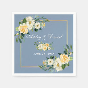 Watercolor Yellow Floral Dusty Blue Wedding Napkin