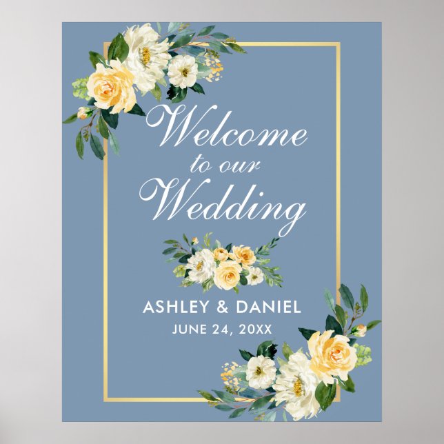 Watercolor Yellow Floral Dusty Blue Wedding Poster (Front)