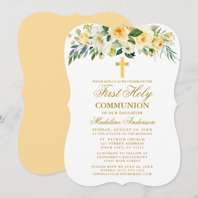 Watercolor Yellow Floral First Communion Gold Invitation (Front/Back)