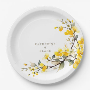 Watercolor Yellow Floral Gold Text Names Wedding Paper Plate