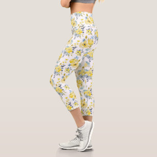 Watercolor Yellow Floral Pattern Capri Leggings