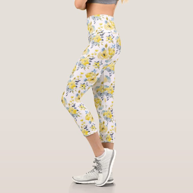Watercolor Yellow Floral Pattern Capri Leggings (Left)
