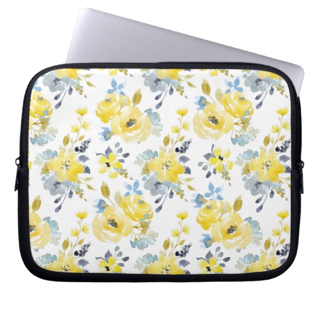 Watercolor Yellow Floral Pattern Laptop Sleeve (Front)