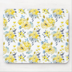 Watercolor Yellow Floral Pattern Mouse Mat
