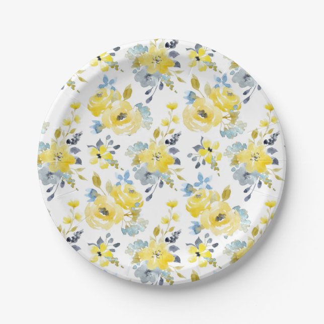 Watercolor Yellow Floral Pattern Paper Plate (Front)