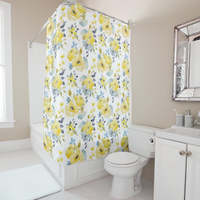 Watercolor Yellow Floral Pattern Shower Curtain (In Situ)
