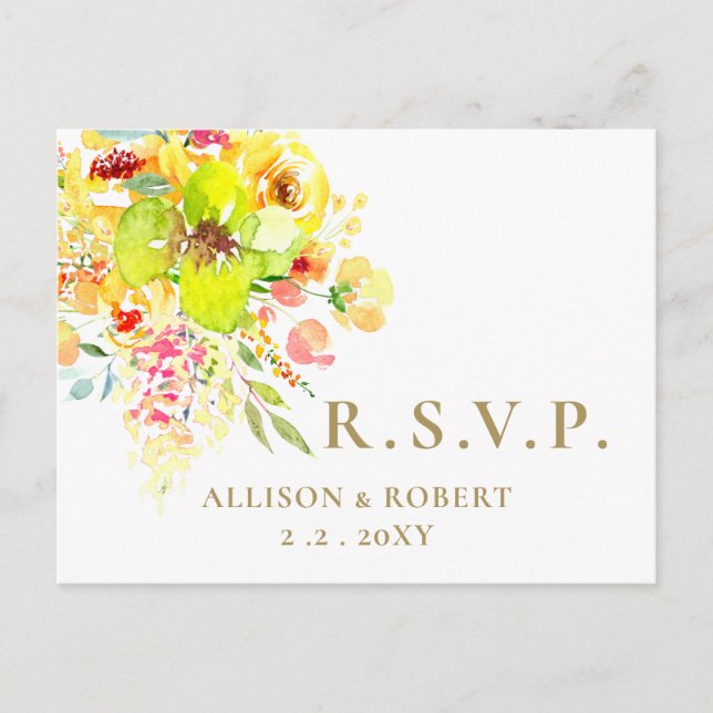 Watercolor Yellow Floral Rustic Wedding RSVP Invitation Postcard (Front)