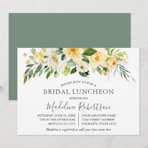 Watercolor Yellow Floral Sage Green Bridal Lunch Invitation